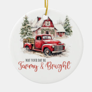 Ornamento De Cerâmica Watercolor Christmas Vintage Truck and Barn
