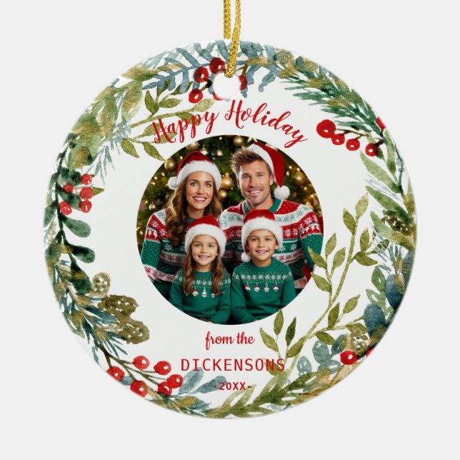 Ornamento De Cerâmica Watercolor Christmas Wreath Family Photo (Frente)