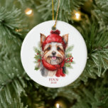Ornamento De Cerâmica Watercolor Christmas Yorkie Dog Photo<br><div class="desc">Uma bela ilustração do estilo aquarela de um adorável cão pomerano vestindo um cachecol vermelho e um chapéu num fundo de verde natal. Personalize o lado de trás com a foto do seu animal de estimação.</div>