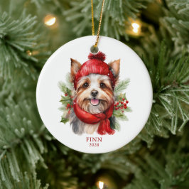 Ornamento De Cerâmica Watercolor Christmas Yorkie Dog Photo