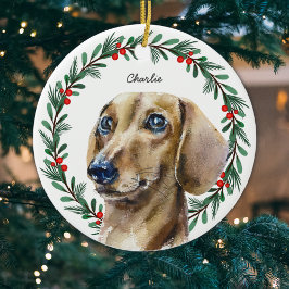 Ornamento De Cerâmica Watercolor Dachshund Feriado Personalizado