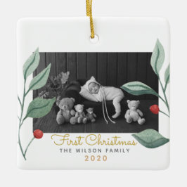 Ornamento De Cerâmica Watercolor de Natal Greenery & Berry