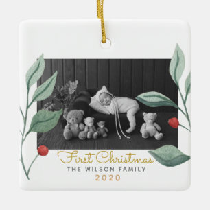 Ornamento De Cerâmica Watercolor de Natal Greenery & Berry