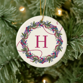 Ornamento De Cerâmica Watercolor Floral Wreath Inicial Natal