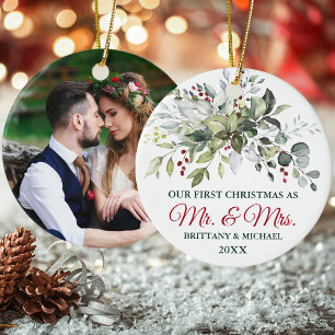 Ornamento De Cerâmica Watercolor Greenery Berries FOTO DE Natal DE VOLTA