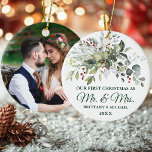 Ornamento De Cerâmica Watercolor Greenery Berries FOTO DE VOLTA AO Natal<br><div class="desc">Casal verde moderno Elegante para aquarelas Nosso Primeiro Natal como Sr. e Sra. Ornament inclui belos verde botânico para aquarelas,  folhas de eucalipto,  bagas sagradas e outras lindas folhagens. Roteiro Verde da Floresta. Foto de volta.</div>
