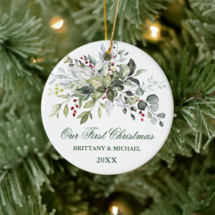 Ornamento De Cerâmica Watercolor Greenery Berries Nosso Primeiro Natal