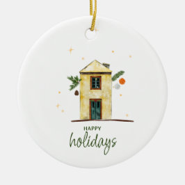 Ornamento De Cerâmica Watercolor Happy Holidays House