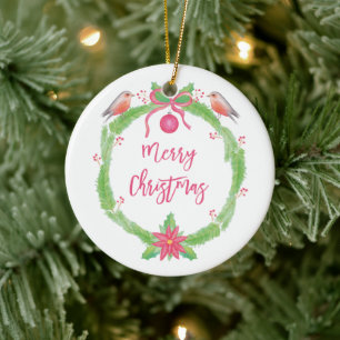Ornamento De Cerâmica Watercolor Holly Wreath "Feliz Natal"