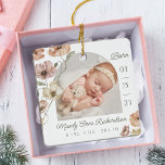 Ornamento De Cerâmica Watercolor Islandês Poppy Baby Birth Stats Foto<br><div class="desc">Novo Enfeites de natal de fotografia de natalidade. O design apresenta duas fotos, uma na frente e outra atrás. Mostre a foto do seu novo bebê. A data de nascimento é mostrada ao longo do lado e o nome do bebê e os números de nascimento ao longo do fundo. Lindos...</div>