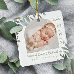 Ornamento De Cerâmica Watercolor Leaf Greenery Baby Birth Stats Foto<br><div class="desc">Novo Enfeites de natal de fotografia de natalidade. O design apresenta duas fotos, uma na frente e outra atrás. Mostre a foto do seu novo bebê. A data de nascimento é mostrada ao longo do lado e o nome do bebê e os números de nascimento ao longo do fundo. Lindos...</div>