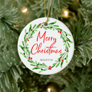 Ornamento De Cerâmica Watercolor Merry Christmas Wreath Personalizado