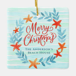 Ornamento De Cerâmica Watercolor Ocean ondas New Home Beach Natal