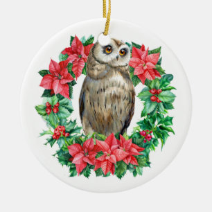 Ornamento De Cerâmica Watercolor Owl Botanical Wreath Christmas Photo