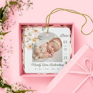 Ornamento De Cerâmica Watercolor Pink Florals Baby Birth Stats Foto