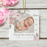 Ornamento De Cerâmica Watercolor Pink Peony Floral Baby Birth Stat Foto<br><div class="desc">Novo Enfeites de natal de fotografia de natalidade. O design apresenta duas fotos, uma na frente e outra atrás. Mostre a foto do seu novo bebê. A data de nascimento é mostrada ao longo do lado e o nome do bebê e os números de nascimento ao longo do fundo. Lindos...</div>