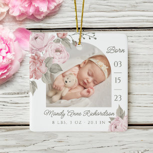 Ornamento De Cerâmica Watercolor Pink Peony Floral Baby Birth Stat Foto