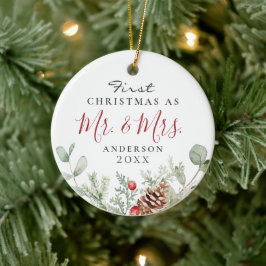 Ornamento De Cerâmica Watercolor Primeiro Natal Sr. + Sra. Ornament