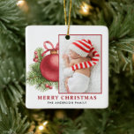 Ornamento De Cerâmica Watercolor Red Ball Bauble Foto de Natal<br><div class="desc">Feliz Natal | Adicione um sotaque festivo à sua árvore de Natal com este Enfeites de natal personalizável. Ele apresenta um Enfeites de natal vermelho-aquarela com agulhas de pinho e winterberry. Personalize adicionando seus próprios detalhes. Este Enfeites de natal fotográfico é perfeito como um presente de Natal personalizado. Itens correspondentes...</div>
