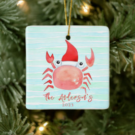 Ornamento De Cerâmica Watercolor Red Crab Santa Hat Beach Natal