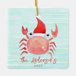 Ornamento De Cerâmica Watercolor Red Crab Santa Hat Beach Natal