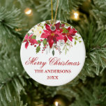 Ornamento De Cerâmica Watercolor Red Poinsettia Floral Personalizada<br><div class="desc">Mola Vermelha por Aquarela Poinsettia Floral Personalizada</div>