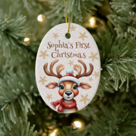 Ornamento De Cerâmica Watercolor Reindeer Baby - Primeira Foto de Natal