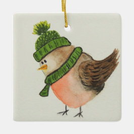 Ornamento De Cerâmica Watercolor Robin em Verde Scarf e Chapéu