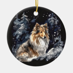 Ornamento De Cerâmica Watercolor Sheltie Natal