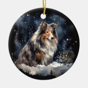 Ornamento De Cerâmica Watercolor Sheltie Natal