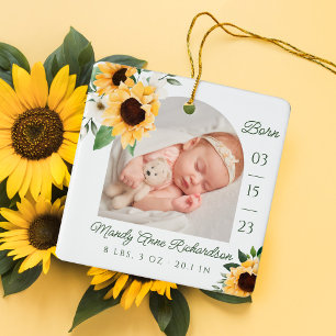 Ornamento De Cerâmica Watercolor Sunflower Floral Baby Birth Stats Foto