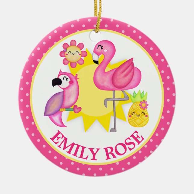 Ornamento De Cerâmica Watercolor Tropical Summer Flamingo & Parrot (Frente)