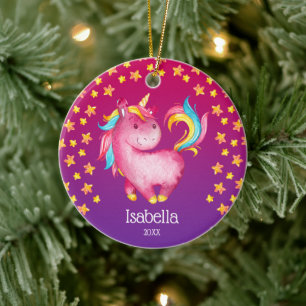 Ornamento De Cerâmica Watercolor Unicorn Stars Personalizado Girl