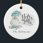 Ornamento De Cerâmica Watercolor Winter Bird Holly Jolly Foto de Natal<br><div class="desc">Holly Jolly Woodland enfeites de natal de pássaros de inverno com tipografia escrita personalizável para suas especificidades.</div>