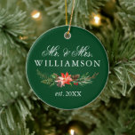 Ornamento De Cerâmica Watercolor Winter Floral PHOTO BACK Green<br><div class="desc">Elegante Watercolor Winter Floral Wedding Foto Sr. e Sra. Newlywing Enfeites de natal</div>