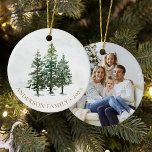 Ornamento De Cerâmica Watercolor Winter Pine Tres Christmas Photo<br><div class="desc">Esta madre russa de inverno A cerâmica de Feliz Natal apresenta 3 pinheiros de cor d'água com neve na frente, e um molde fotográfico no verso. Visite a coleção para obter produtos correspondentes ou entre em contato comigo através do Zazzle Chat para obter ajustes de design ou mais produtos correspondentes....</div>