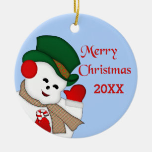 Ornamento De Cerâmica Waving Snowman Feliz Natal 20XX Ornament