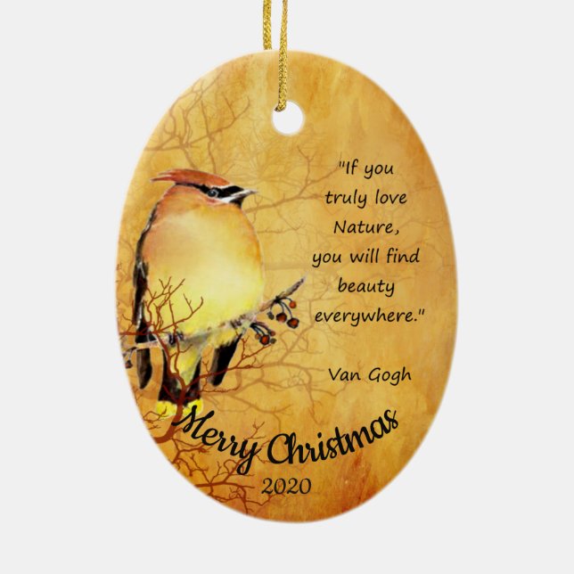 Ornamento De Cerâmica Waxwing Cedar De Aquarela De Natal Com Data De Nat (Verso)