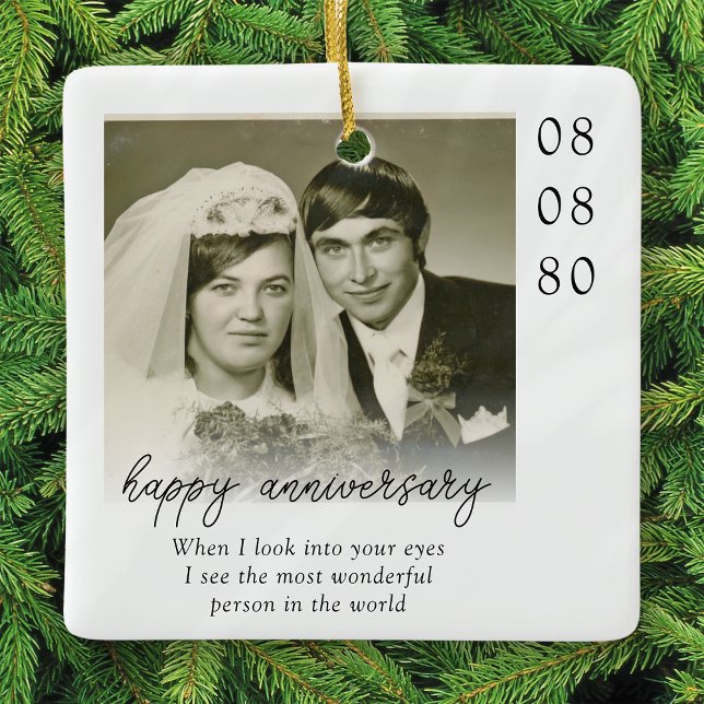 Ornamento De Cerâmica Wedding Anniversary Photo Heartfelt Message (Criador carregado)