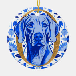 Ornamento De Cerâmica Weimaraner peering thru the letter "O" in Gold