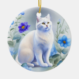 Ornamento De Cerâmica Weiße Katze mit blauen Blumen, Aquarell-Malerei
