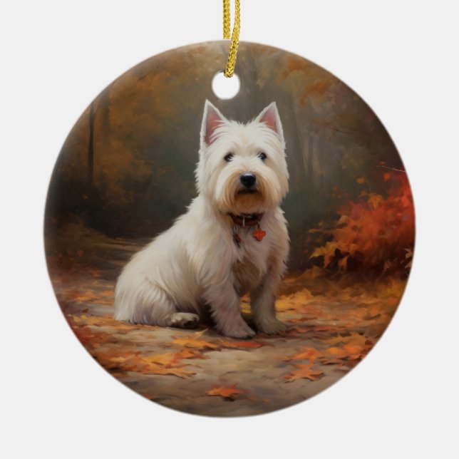 Ornamento De Cerâmica West Highland White Terrier no outono deixa cair (Frente)