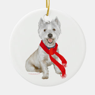 Ornamento De Cerâmica Westie de Inverno com um Cachecol Vermelho
