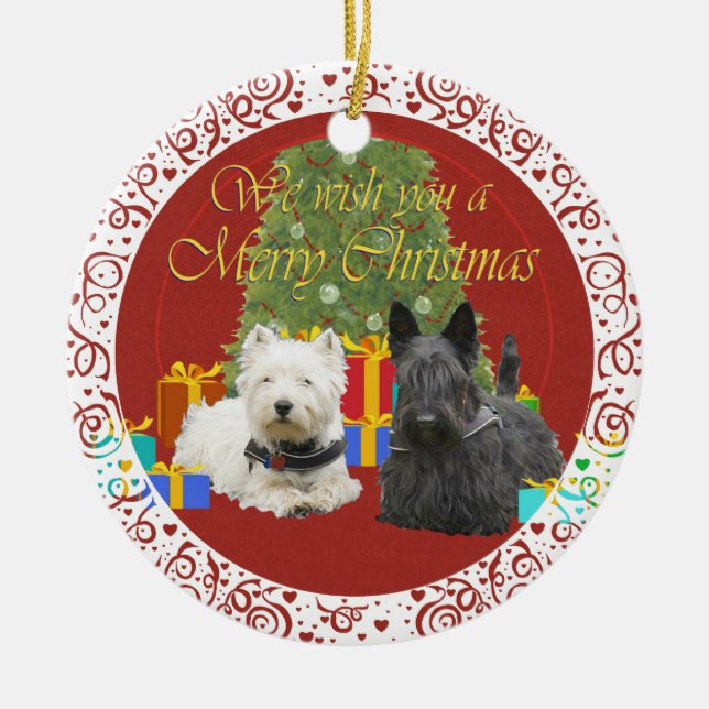 Ornamento De Cerâmica Westie & Scottie Felry Natal (Frente)