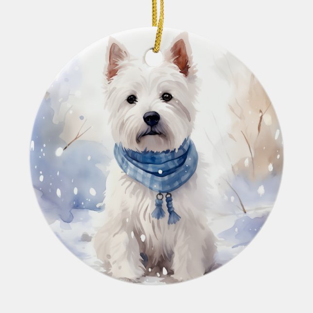 Ornamento De Cerâmica Westie Winter Christmas (Frente)