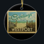 Ornamento De Cerâmica Westport Connecticut Beach Viagens vintage<br><div class="desc">Esta design do Vintage de Westport apresenta uma praia arenosa com uma bela água turquesa oceânica e acima do mar,  um céu azul com nuvens brancas onduladas. No estilo viagens vintage.</div>
