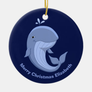 Ornamento De Cerâmica Whaled ele baleia azul feliz bonito