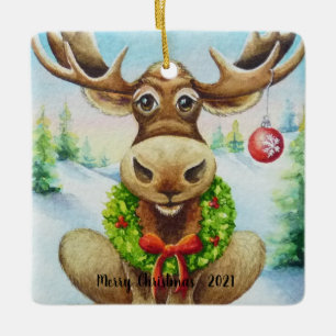 Ornamento De Cerâmica Whimical Winter Christmas Moose Watercolor Art