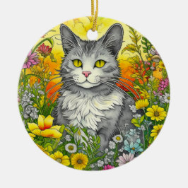 Ornamento De Cerâmica Whimsical Cat and Flowers