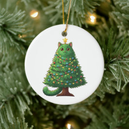 Ornamento De Cerâmica Whimsical Christmas Tree Cat Holiday
